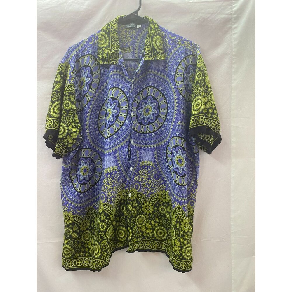 Earthbound Trading Co Mens XXL Purple Green Mandala Rayon Button Down Shirt Boho
